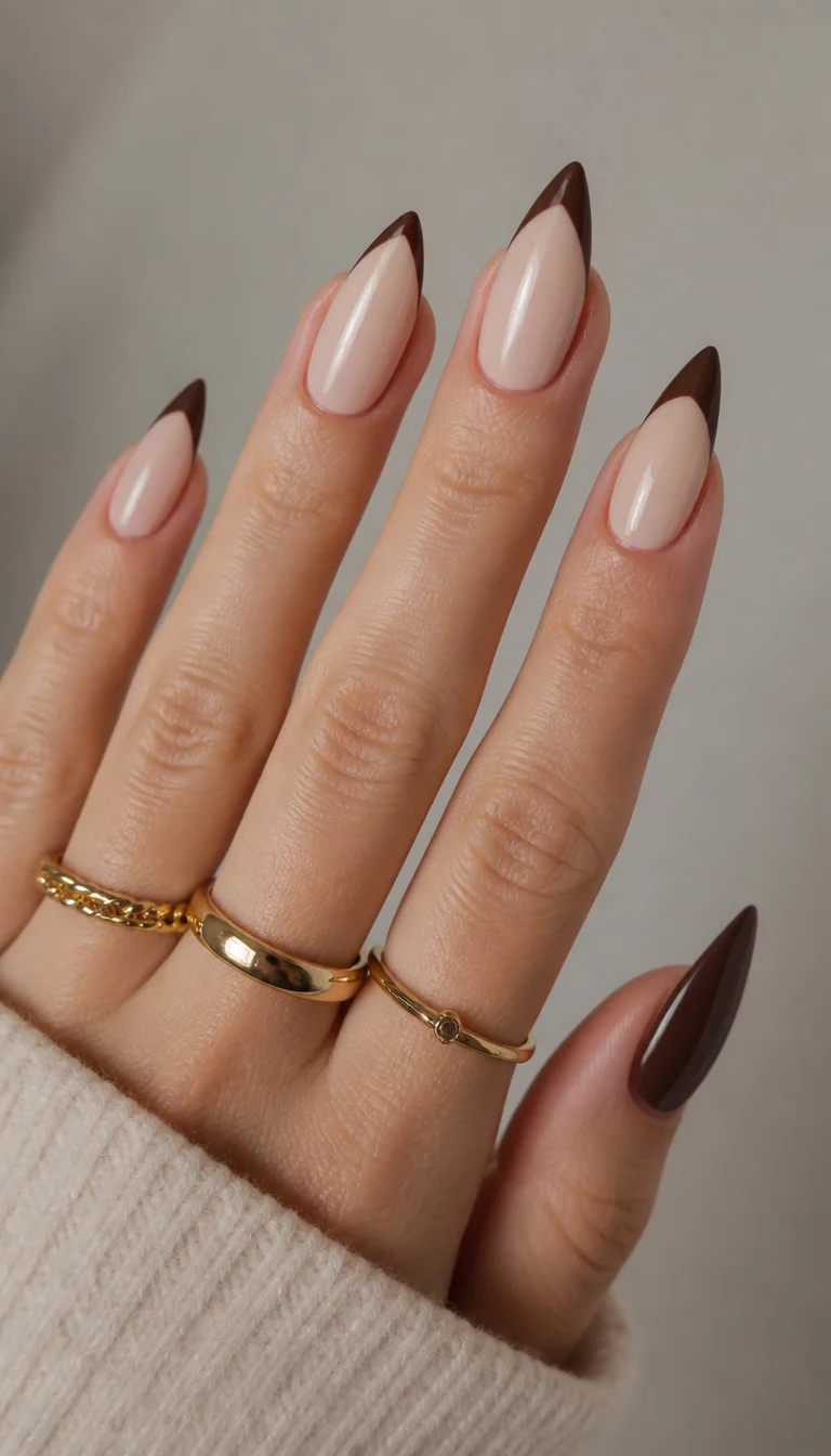close-up shot of a woman’s hand with five fingers showing stiletto-shaped nails with a light beige base and dark brown tips, some nails have a contrasting brown tip while others have a French tip, gold rings.