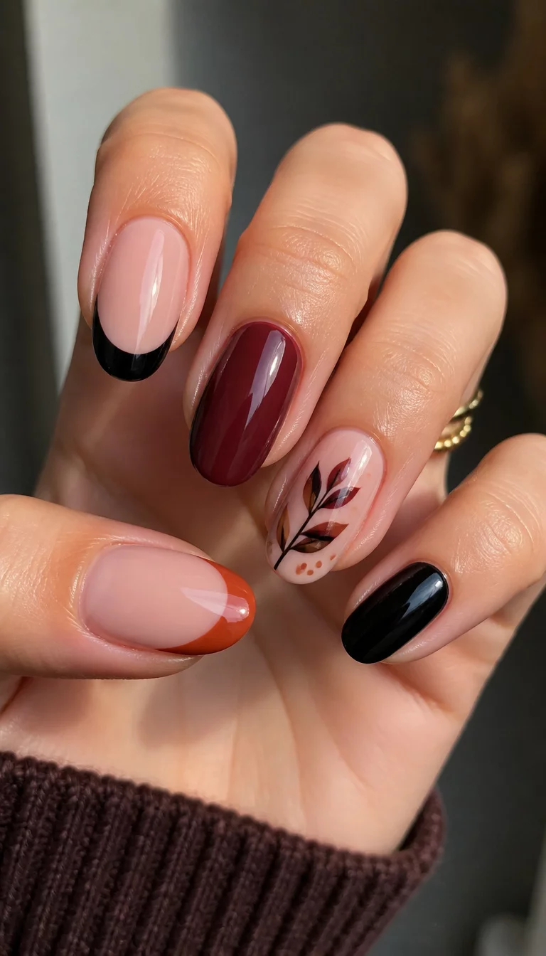 close-up shot of a woman’s hand with five fingers showing multiple nail designs including French tips in black, burgundy, and orange, a neutral base with a leaf design, and solid black and burgundy colors.