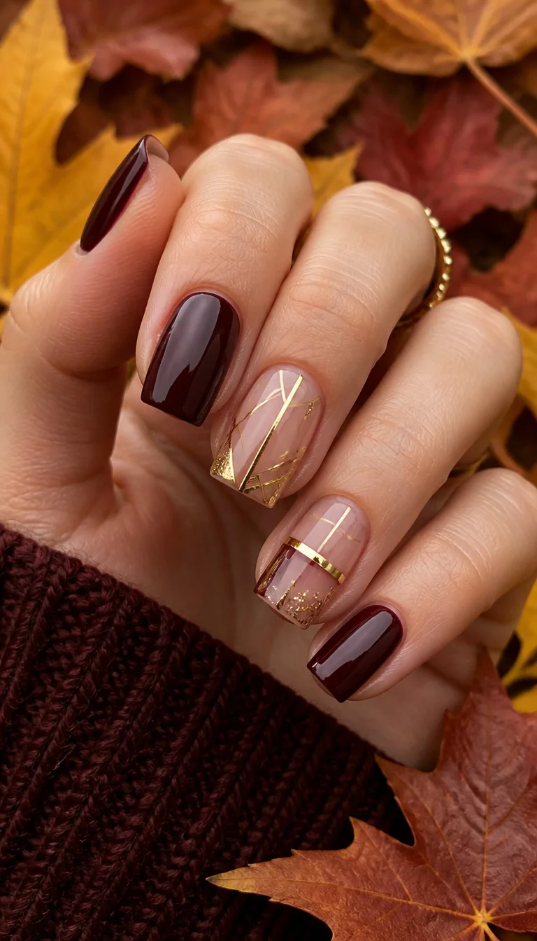 close-up shot of a woman’s hand with five fingers showing square-shaped nails with a deep burgundy brown polish, some nails feature clear polish with gold geometric lines and accents, background of autumn leaves.