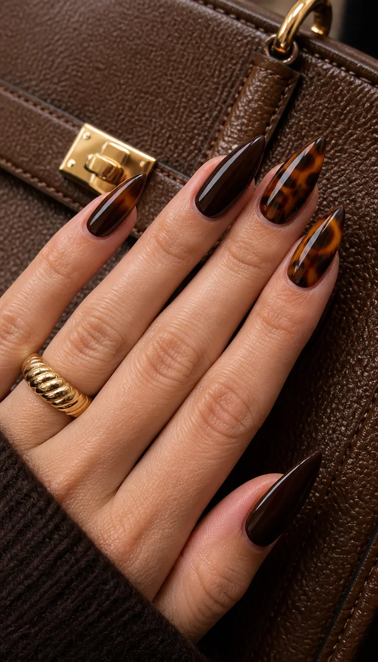 close-up shot of a woman’s hand with five fingers showing stiletto-shaped nails with dark espresso polish on some and a classic tortoiseshell pattern on others, set against a textured brown leather bag.