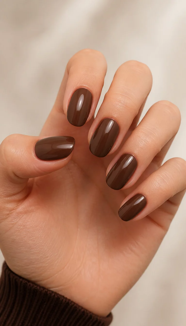 close-up shot of a woman’s hand with five fingers showing oval-shaped nails with a solid dark mocha brown glossy finish, diffused light background.