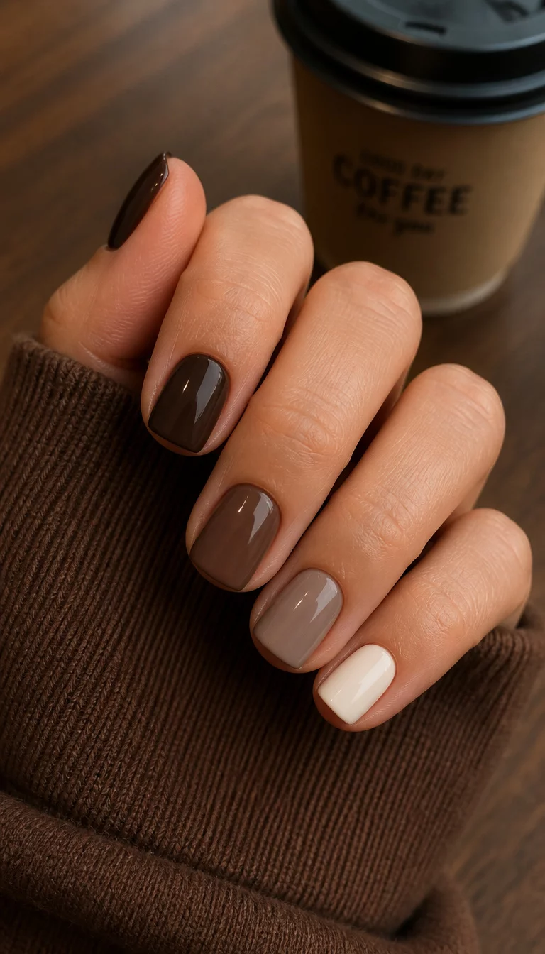 close-up shot of a woman’s hand with five fingers showing short square shaped nails painted in a gradient of brown and taupe shades, one nail is a light cream color, brown sleeve and coffee cup background.