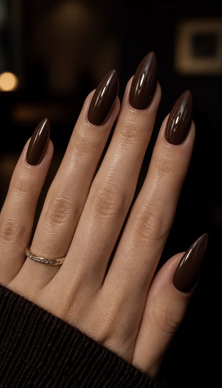 close-up shot of a woman’s hand with five fingers showing stiletto-shaped nails with a glossy dark espresso brown polish, dark and blurred indoor background.