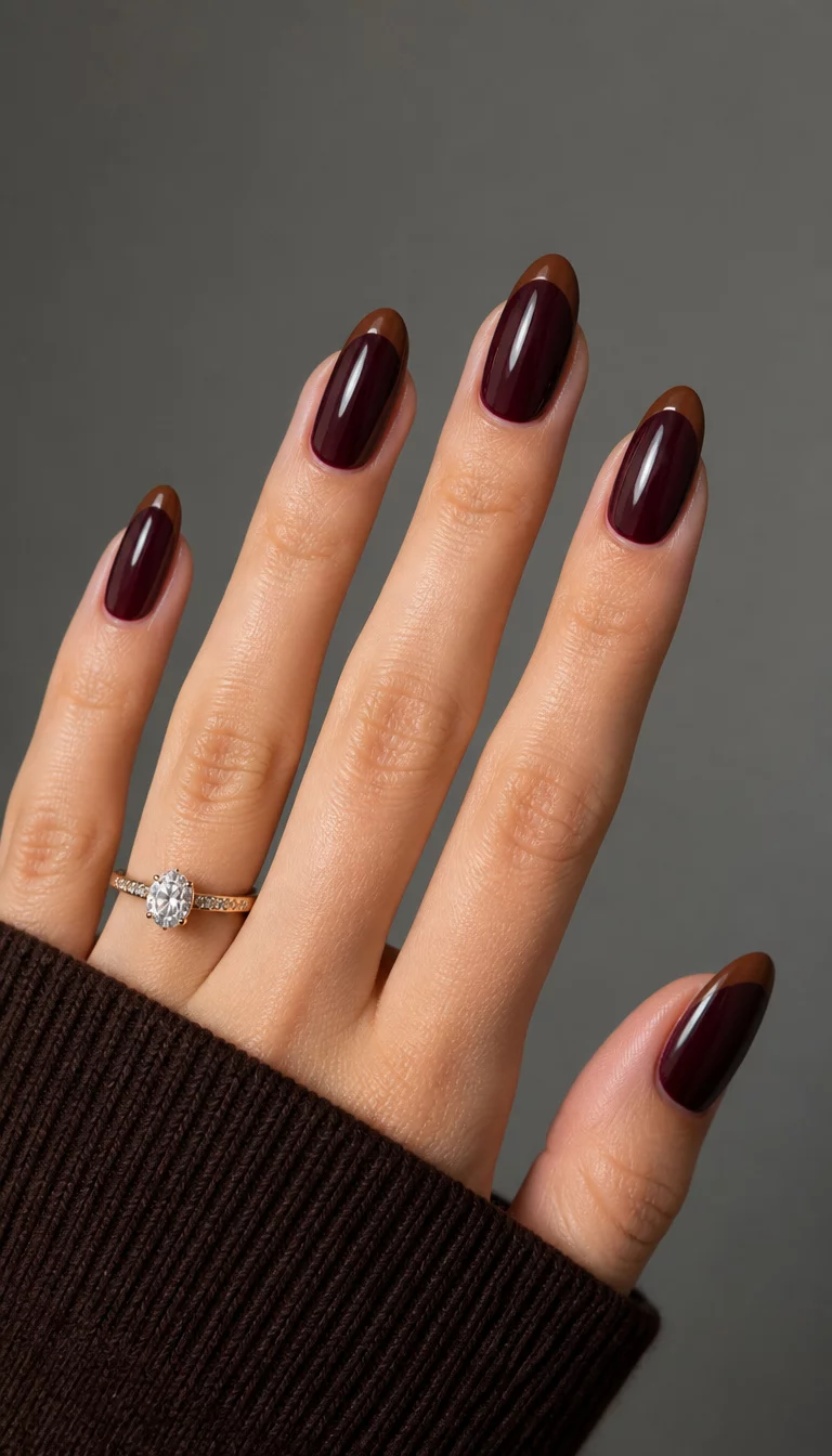 close-up shot of a woman’s hand with five fingers showing almond-shaped nails with deep mahogany polish and a brown French tip design, one finger wears a sparkly ring, muted gray background.