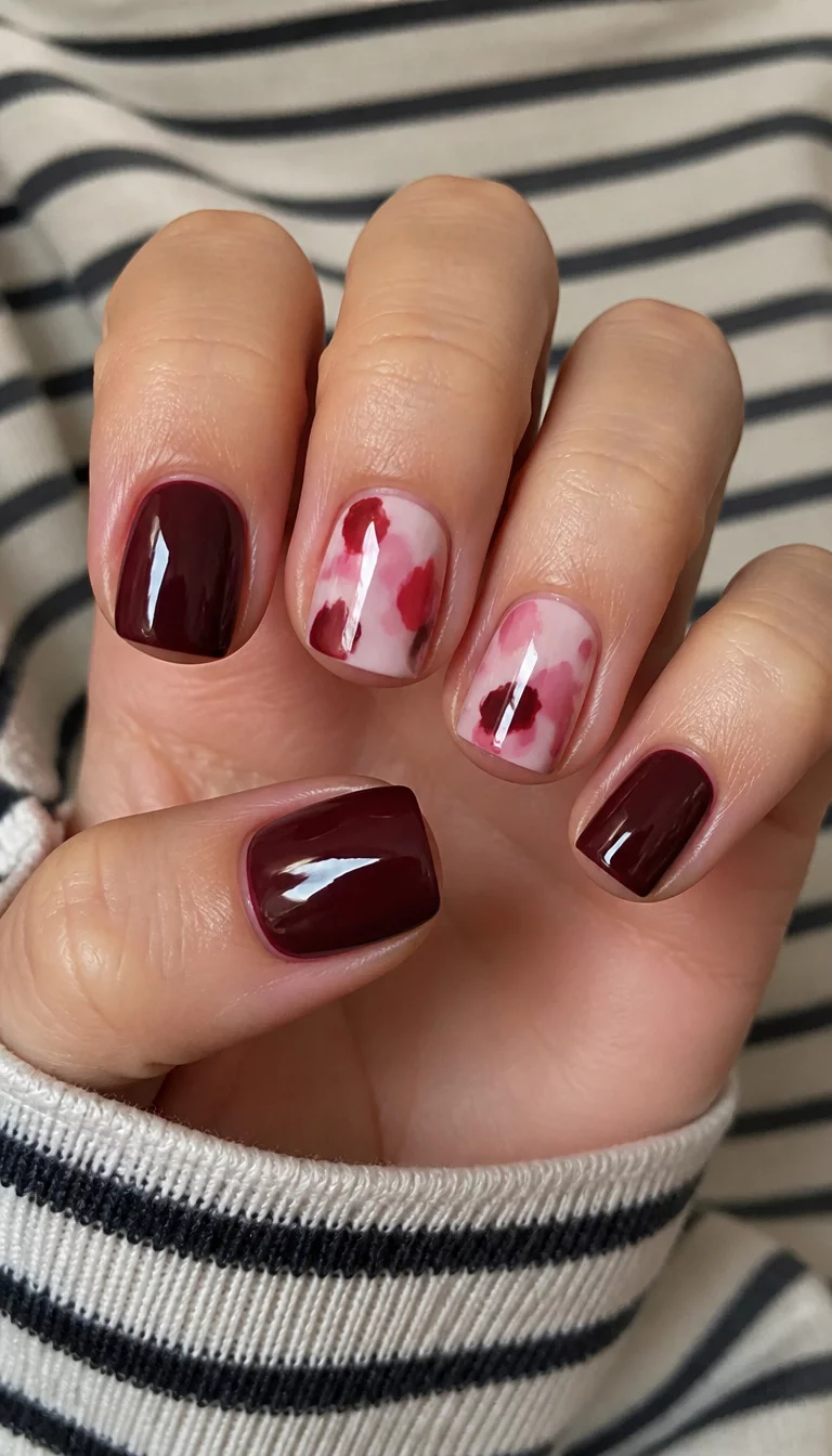 close-up shot of a woman’s hand with five fingers showing short square nails with a dark mahogany red polish, two nails have a light pink base with abstract red and pink splotches, striped sleeve background.