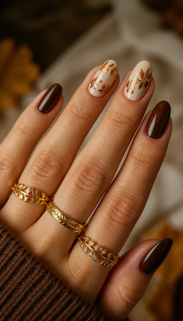 close-up shot of a woman’s hand with five fingers showing almond-shaped nails, some solid deep cocoa brown and others with a cream base and gold leaf fall leaf accents, multiple gold rings.