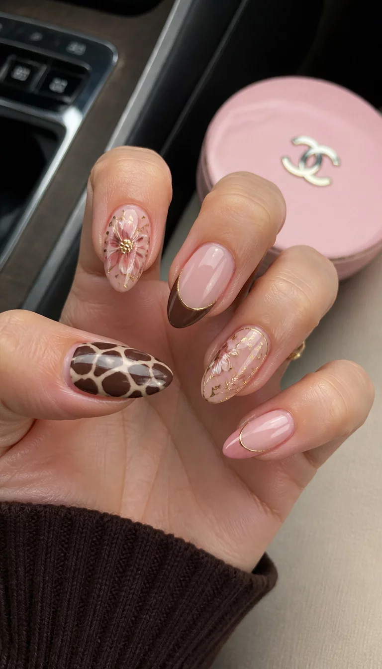 close-up shot of a woman’s hand with five fingers showing a mix of almond-shaped nails with giraffe print, floral designs with gold metallic accents, and French tips with pink and mocha brown, car interior background with a pink compact.