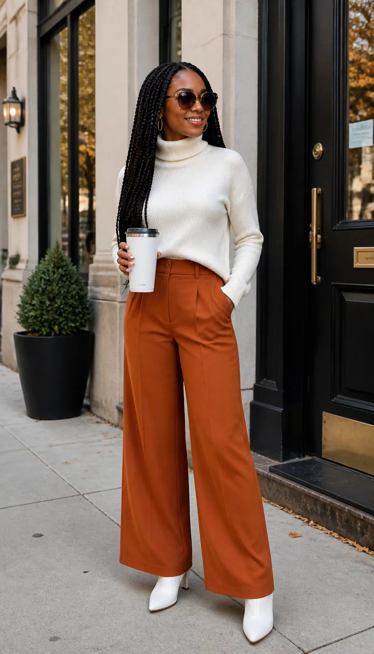 White Turtlenecks And Orange Pants A beautiful 31-year-old woman, braided hair, wearing sunglasses woman in a white turtleneck sweater, burnt orange wide-leg pants, and white leather boots, she holds a white travel mug.