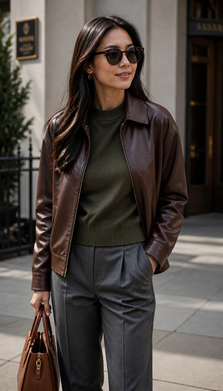 Olive Sweaters And Gray Trousers A beautiful 30-year-old East Asian, dark hair, wearing sunglasses woman in a brown leather jacket, olive green crewneck sweater, gray tailored pants, she carries a brown leather handbag, stands outdoors.