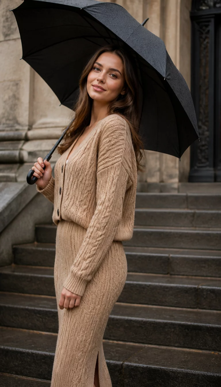 Cozy Cable Knit Cardigan Sets A beautiful 28-year-old Caucasian, long brown hair, soft facial features woman in a tan cable knit cardigan, matching tan knit skirt, she carries a black umbrella, posing on stone stairs.