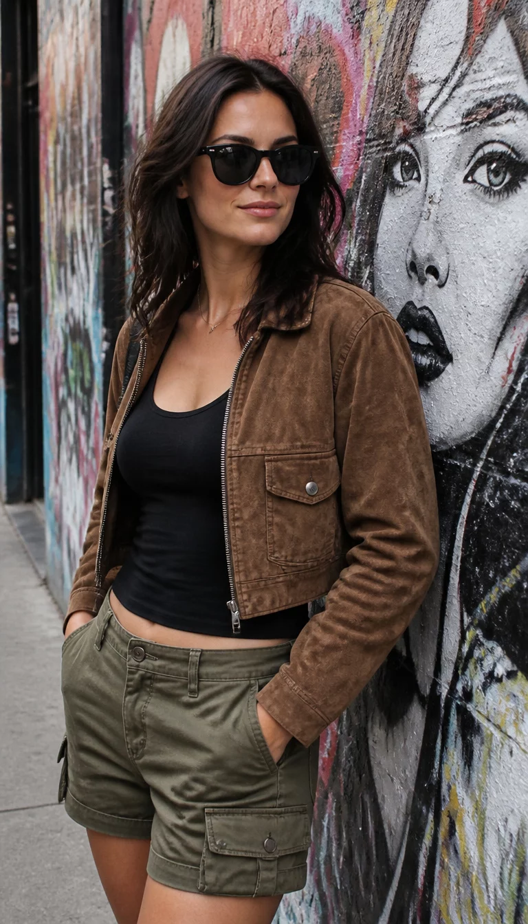 Cropped Jackets And Olive Shorts A beautiful 32-year-old Caucasian, dark hair, wearing black sunglasses woman in a brown cropped suede jacket, olive green cargo shorts, and a black tank top, stands near graffiti art in a city.