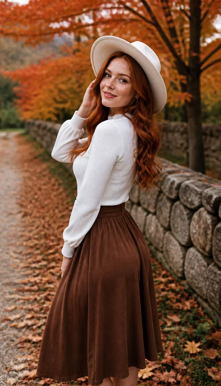 White Hats And Autumn Skirts A beautiful 29-year-old Caucasian, auburn hair, freckled facial features woman in a white long sleeve top, brown midi skirt, and a white wide-brim hat, poses outdoors with autumn foliage.
