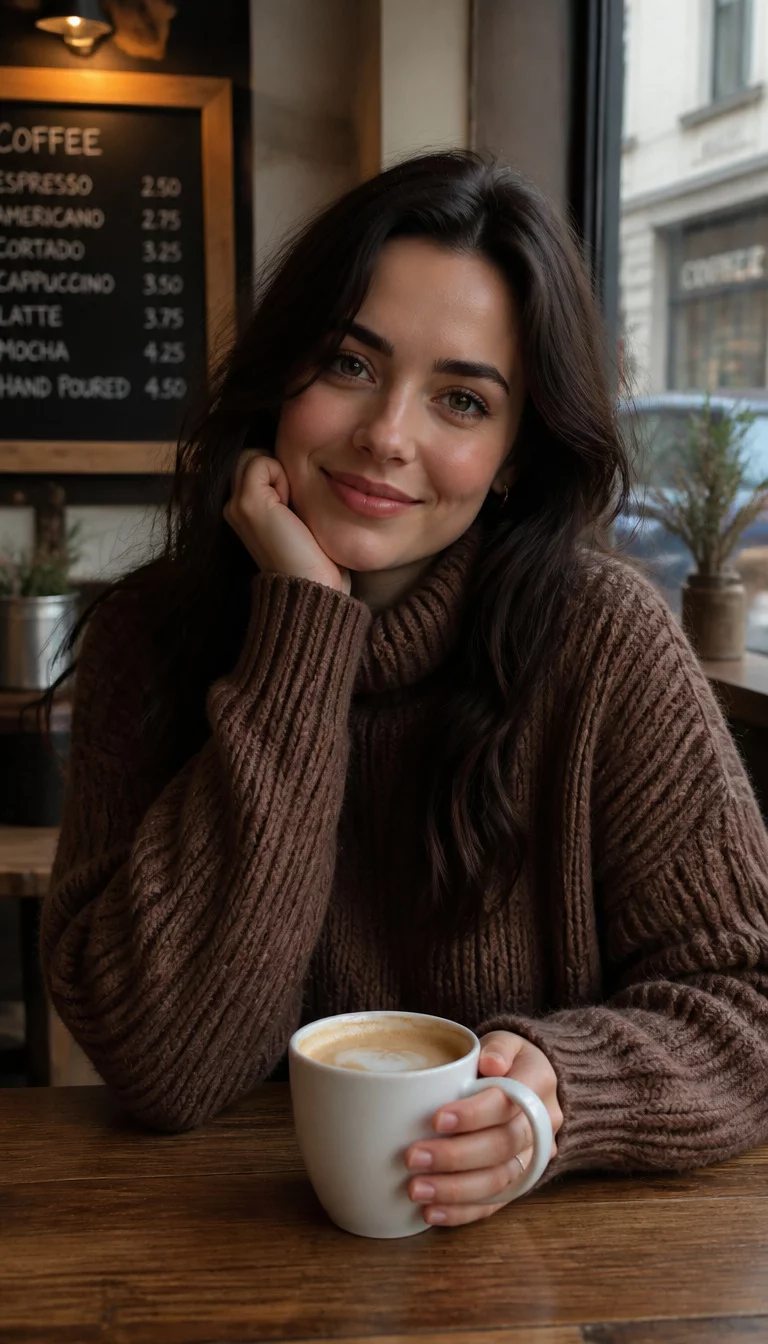 Cable Knit Turtlenecks At The Cafe A beautiful 28-year-old Caucasian, dark hair, cozy facial features woman in a brown cable knit turtleneck sweater, sitting at a cafe with a white ceramic cup of coffee.