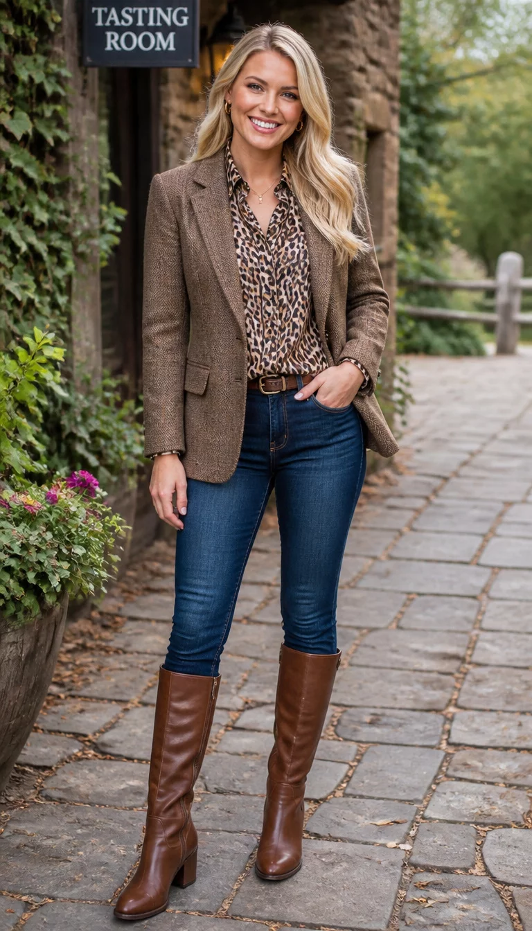 Brown Blazers And Animal Prints A beautiful 33-year-old Caucasian, blonde hair, smiling facial features woman in a brown wool blazer, animal print button-down shirt, blue skinny jeans, and brown knee-high boots, smiles in an outdoor setting.