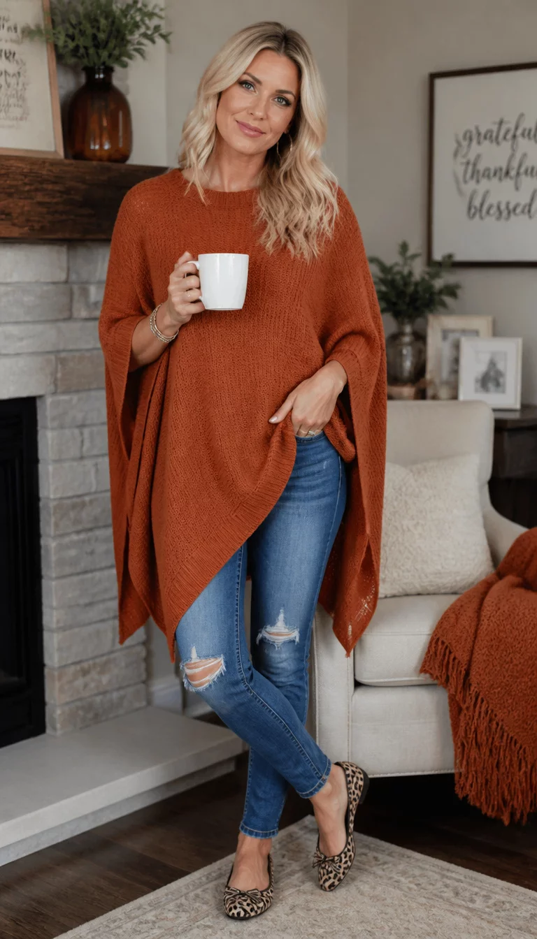 Orange Ponchos And Ripped Denim A beautiful 37-year-old Caucasian, blonde hair, relaxed facial features woman in a burnt orange poncho top, blue ripped jeans, and leopard print ballet flats, she holds a white coffee cup.