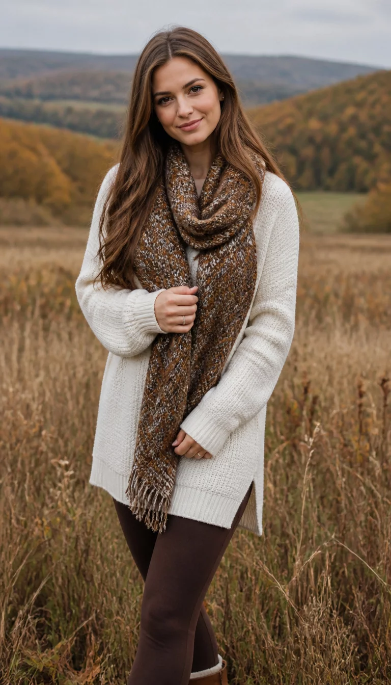 White Tunics And Oversized Scarves A beautiful 25-year-old Caucasian, long brown hair, natural facial features woman in a white tunic sweater, brown oversized blanket scarf, and brown leggings, poses in a grassy autumnal field.