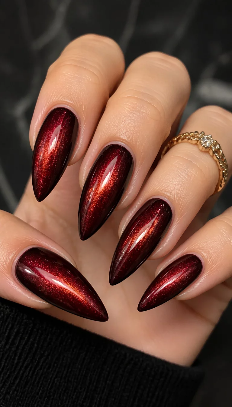 close-up shot of a woman’s hand with five fingers showing stiletto-shaped nails with a shimmering cat-eye effect in a metallic dark red hue, featuring a gold ring on one finger.