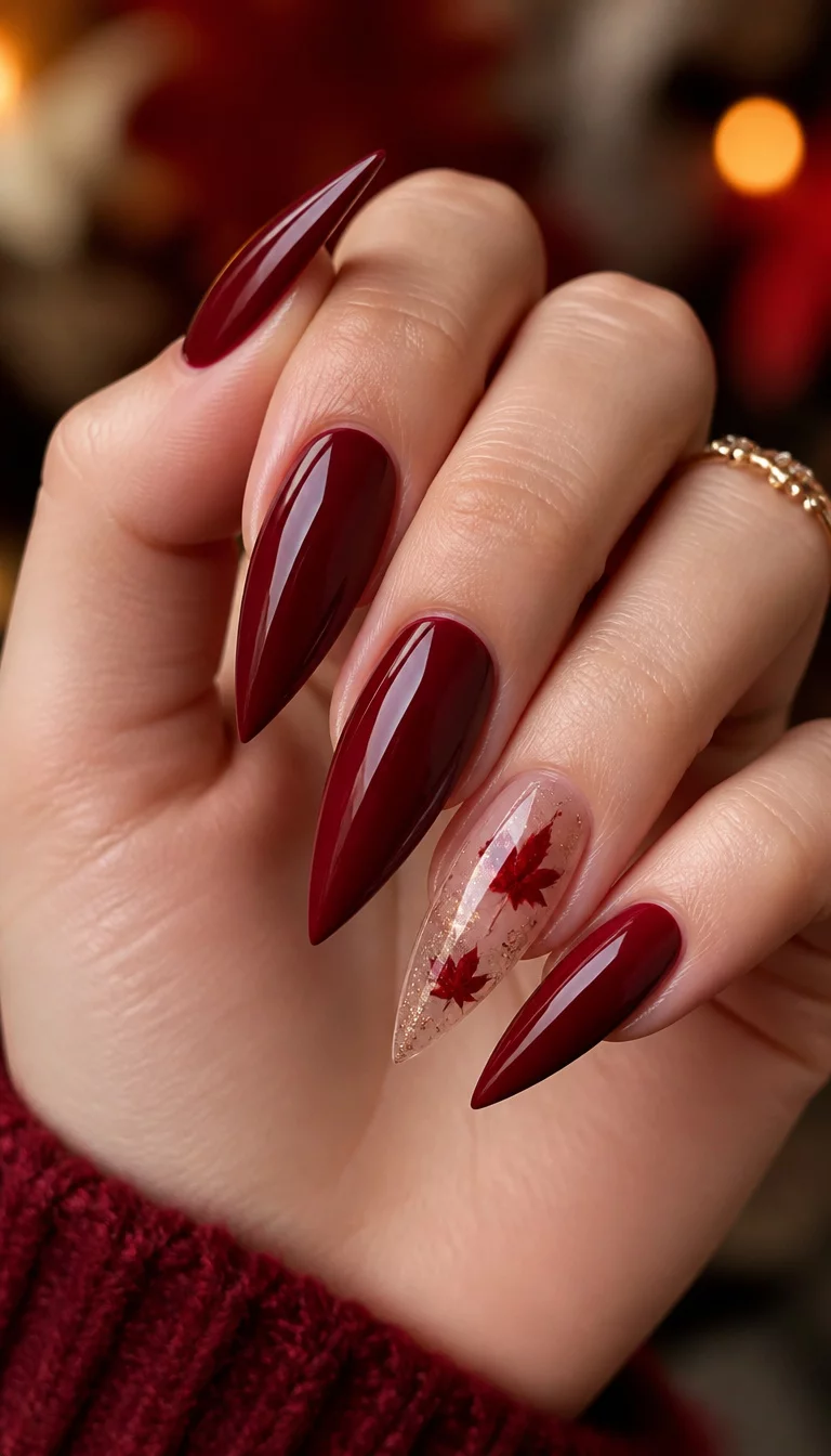 close-up shot of a woman’s hand with five fingers showing long stiletto nails in a deep red, with one clear accent nail featuring falling red leaves and glitter, against a blurred background.