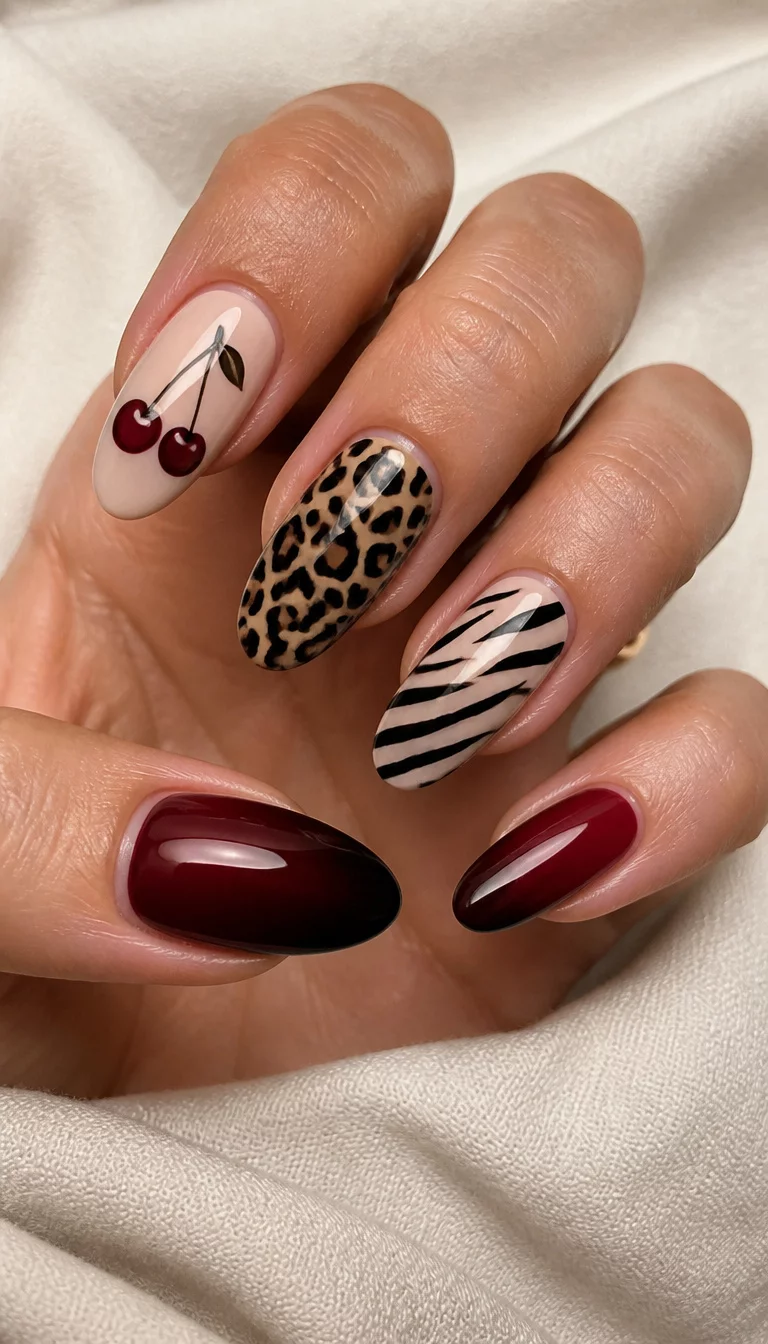 close-up shot of a woman’s hand with five fingers showing almond-shaped nails with a mix of cherry icons, leopard spots, zebra stripes, and a deep red gradient, against a neutral fabric.