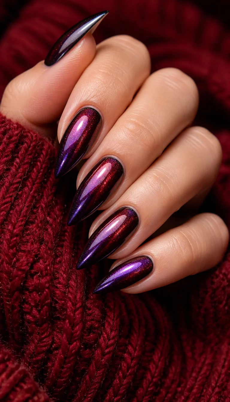 close-up shot of a woman’s hand with five fingers showing stiletto-shaped nails with a dark iridescent purple and burgundy shimmer, reflecting light against a red knitted sweater.