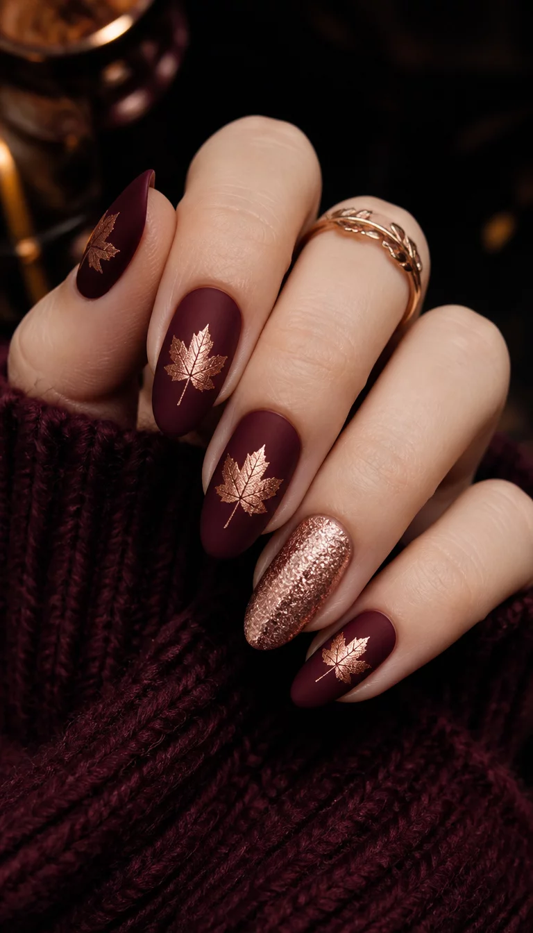 close-up shot of a woman’s hand with five fingers showing matte burgundy nails with a metallic rose gold maple leaf design and one glittery rose gold accent nail, against a dark cozy background.