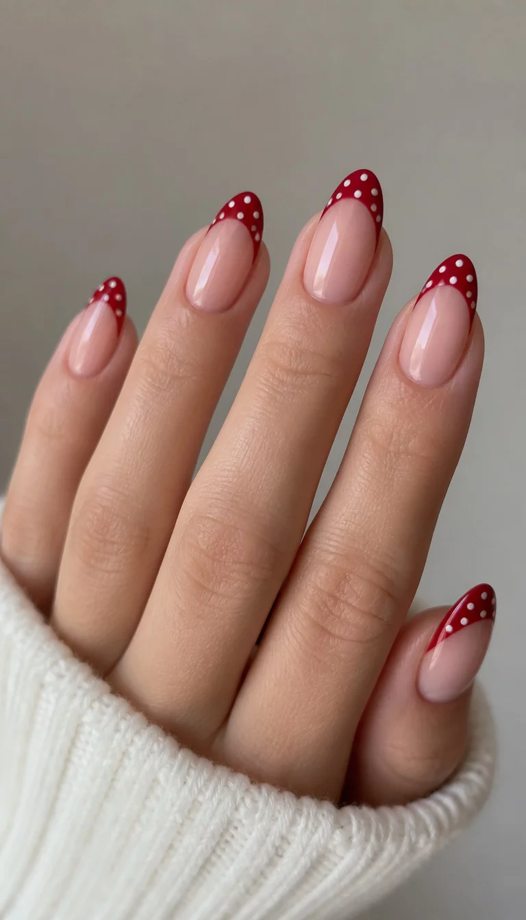 close-up shot of a woman’s hand with five fingers showing almond-shaped nails with a sheer base and a deep red French tip featuring tiny white polka dots, against a minimalist background.