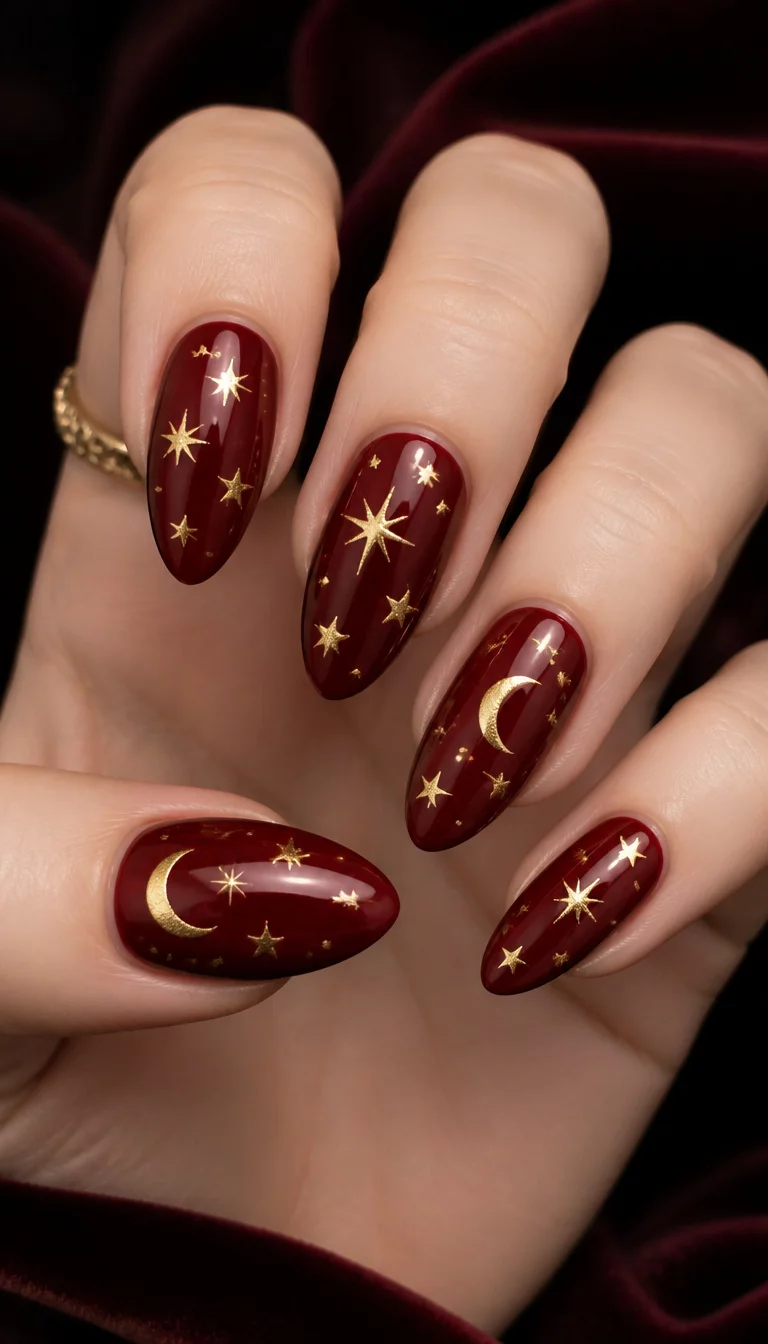 close-up shot of a woman’s hand with five fingers showing almond-shaped nails with deep red polish and gold foil stars and moon motifs, against a dark velvet background.