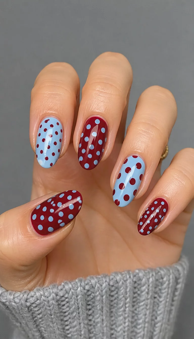 close-up shot of a woman’s hand with five fingers showing almond-shaped nails with mismatched polka dot designs in dark red and light blue, set against a gray background.