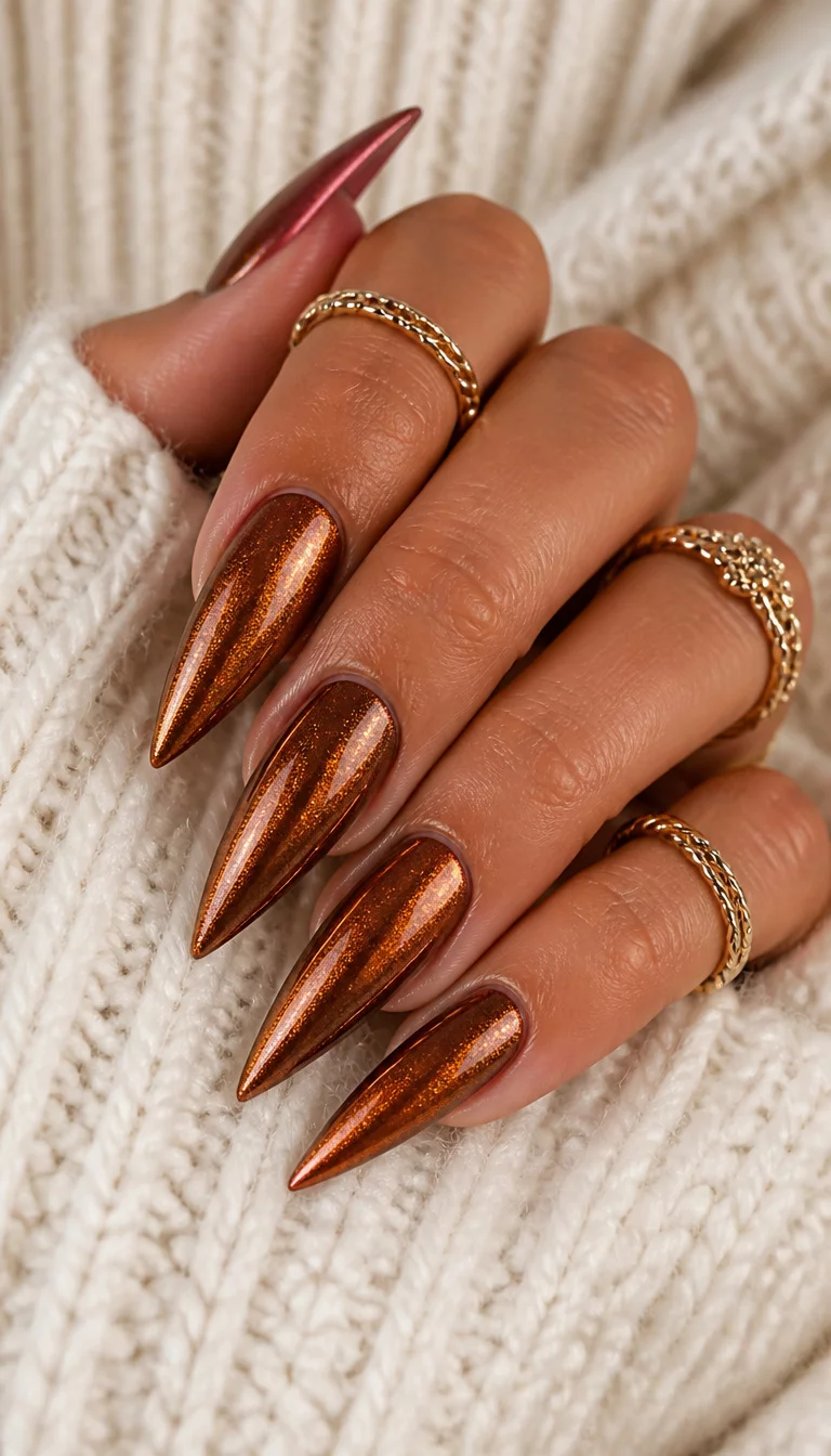 close-up shot of a woman’s hand with five fingers showing sharp stiletto-shaped nails in a shimmering bronzed copper metallic color, decorated with gold rings, resting on a white wool sweater.