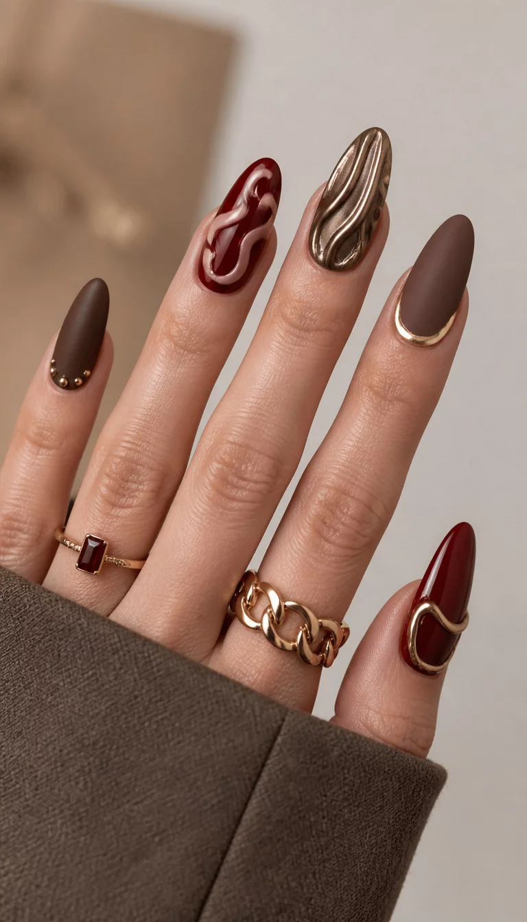 close-up shot of a woman’s hand with five fingers showing a mix of elaborate sculpted nails, glossy red nails with abstract swirls, and matte brown accents, against a neutral fashion background.