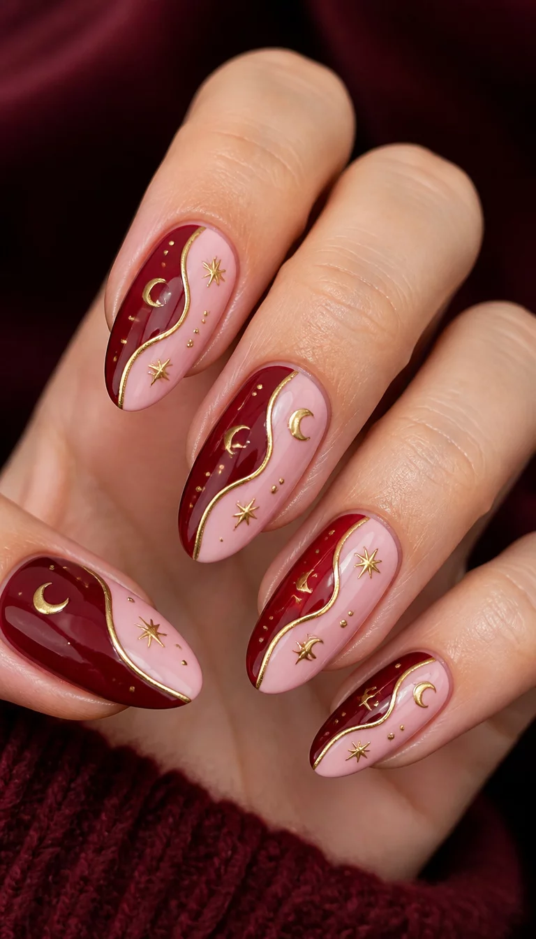 close-up shot of a woman’s hand with five fingers showing almond-shaped nails with a split design of deep red and light pink, featuring gold moon and star motifs.