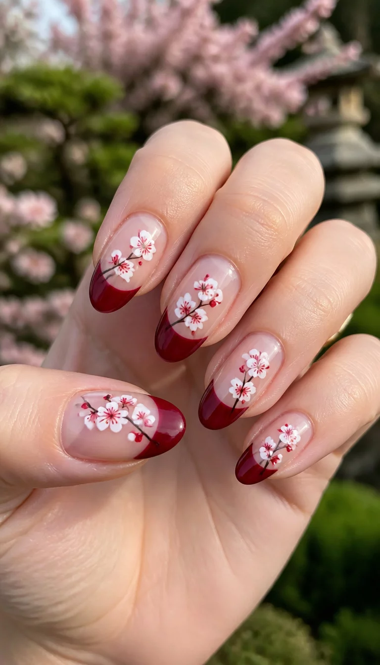 close-up shot of a woman’s hand with five fingers showing almond-shaped nails with a clear base, dark red French tips, and delicate white and red cherry blossom floral designs, against a soft garden background.