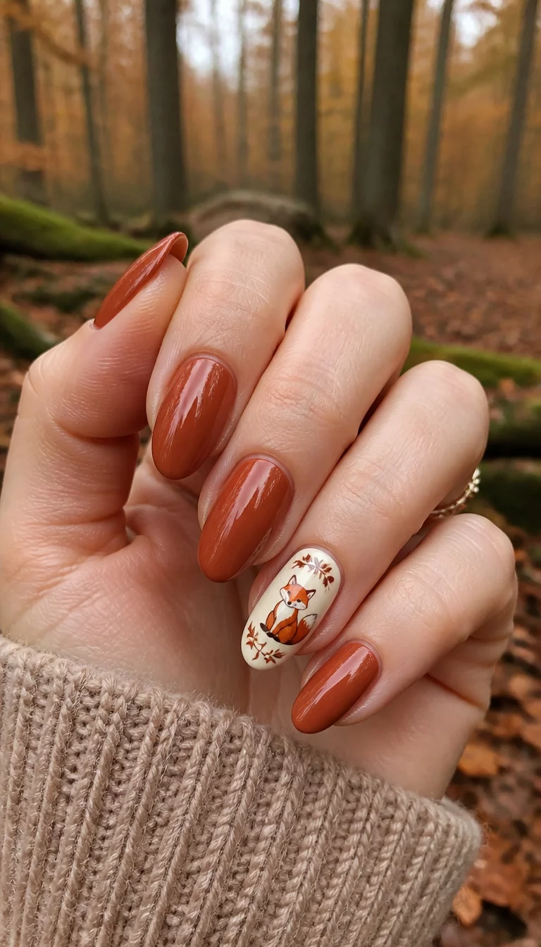 close-up shot of a woman’s hand with five fingers showing almond-shaped nails in a copper-brown terracotta shade, with a cute fox and leaf design on a cream-colored accent nail, against a forest background.