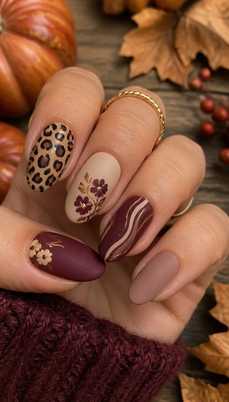 close-up shot of a woman’s hand with five fingers showing nails with leopard print, floral designs, burgundy wavy lines, and matte finishes, against a rustic autumn backdrop.