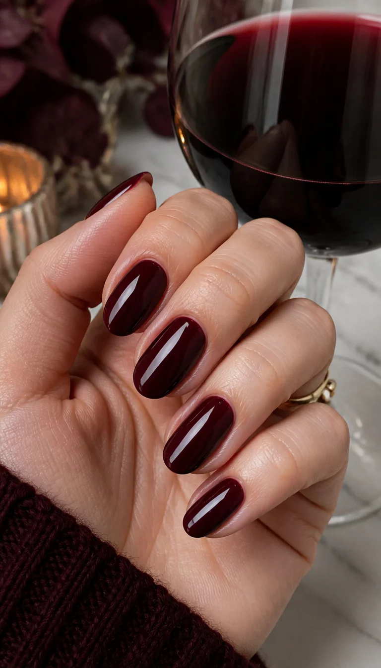 close-up shot of a woman’s hand with five fingers showing oval-shaped nails in a rich dark berry color with a high-gloss finish, held near a glass of red wine.
