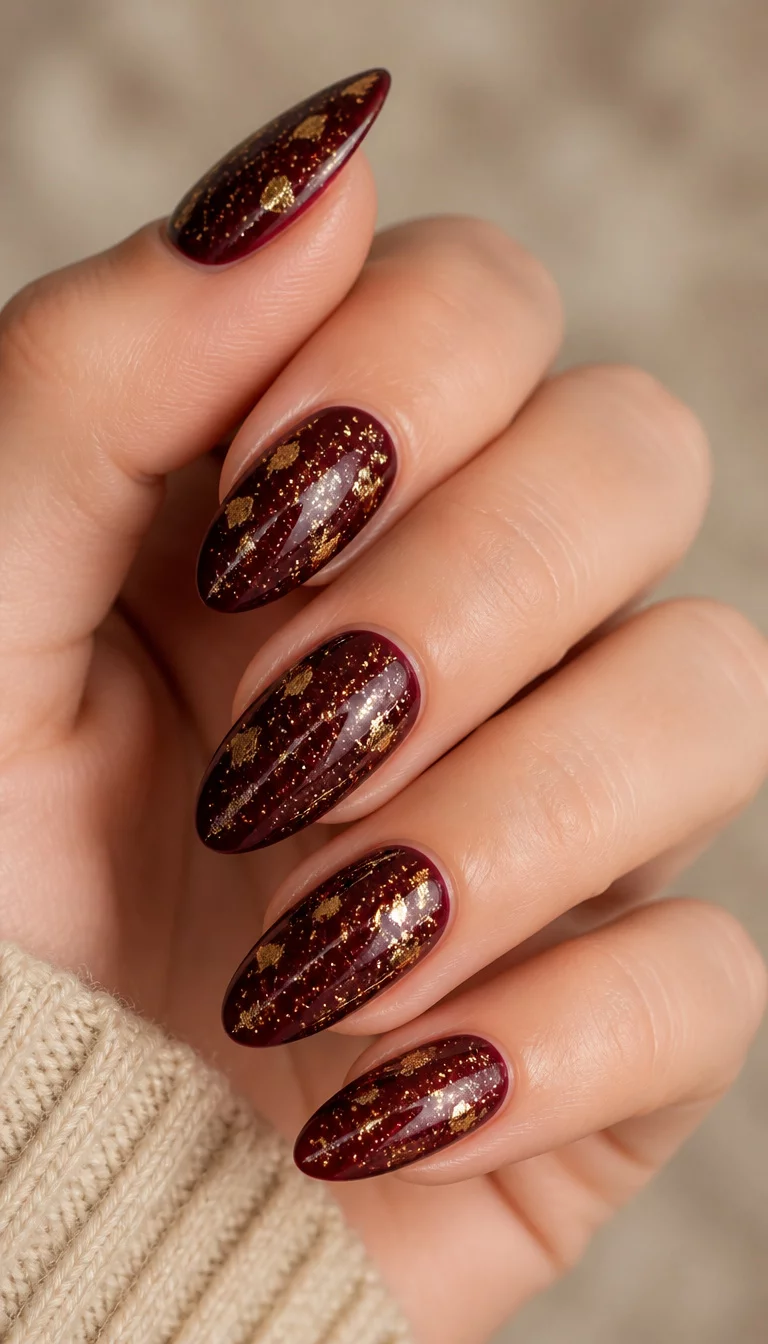 close-up shot of a woman’s hand with five fingers showing almond-shaped deep burgundy nails with gold leaf fragments and fine gold glitter, against a soft blurred beige background.