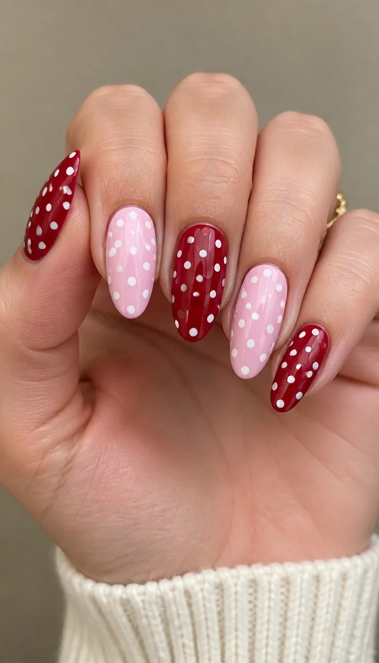 close-up shot of a woman’s hand with five fingers showing almond-shaped nails with a playful polka dot design alternating between dark red and pale pink with white dots.