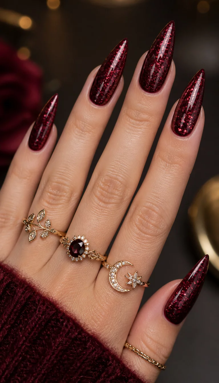 close-up shot of a woman’s hand with five fingers showing long stiletto-shaped nails in a deep sparkling burgundy with chunky glitter pieces, adorned with multiple gold rings.