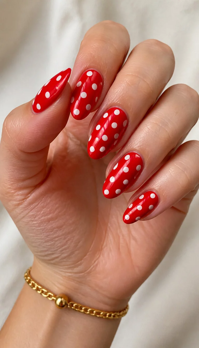 11. Classic Red With Playful Polka Dots close-up shot of a woman’s hand with five fingers showing almond-shaped nails with a classic red base adorned with playful white polka dots, complemented by a simple gold bracelet.