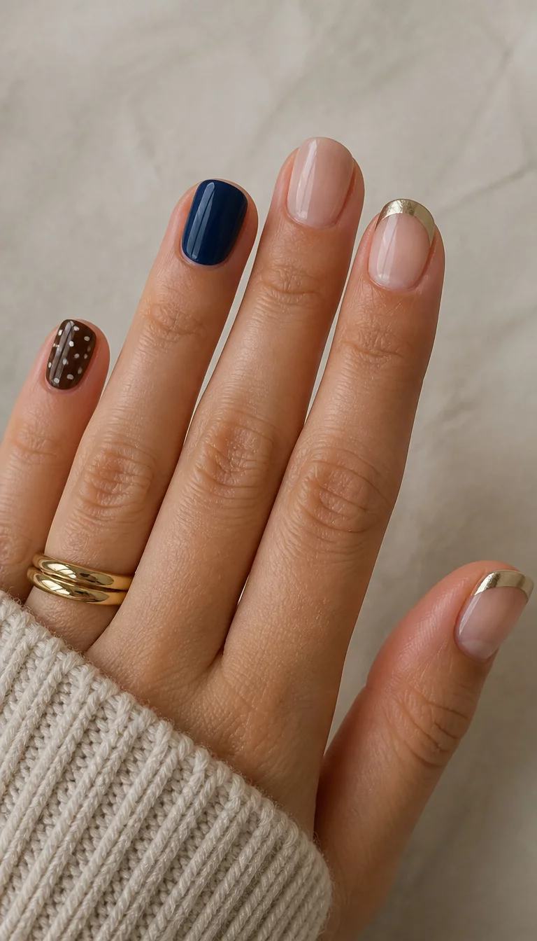 10. Diverse Grid Of Seasonal Staples close-up shot of a woman’s hand with five fingers showing diverse nail styles including short dark brown with polka dots, short navy blue, clean neutral tone, and neutral with metallic crescent tips.