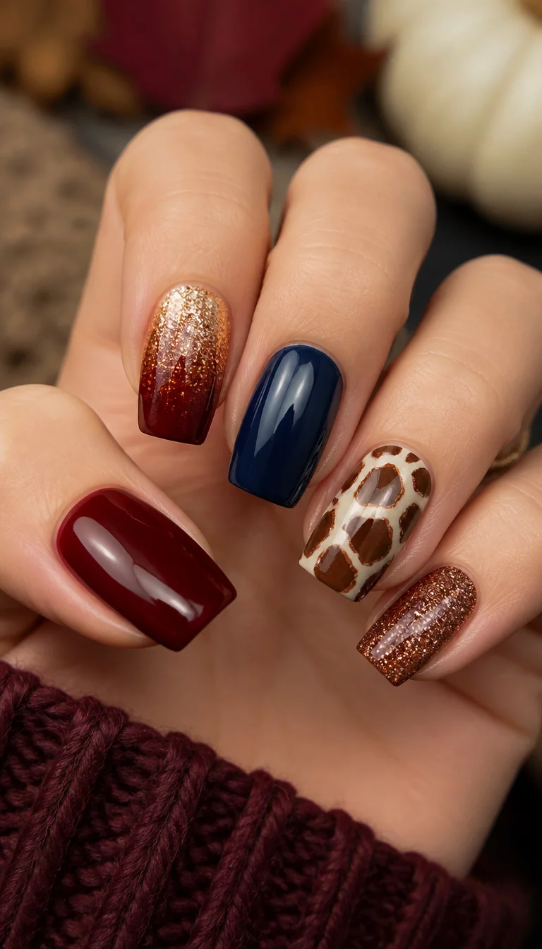 18. Mosaic Of Deep Red And Animal Prints close-up shot of a woman’s hand with five fingers showing a mosaic of fall nails including deep red, glittery ombré, navy blue, and a giraffe print pattern.