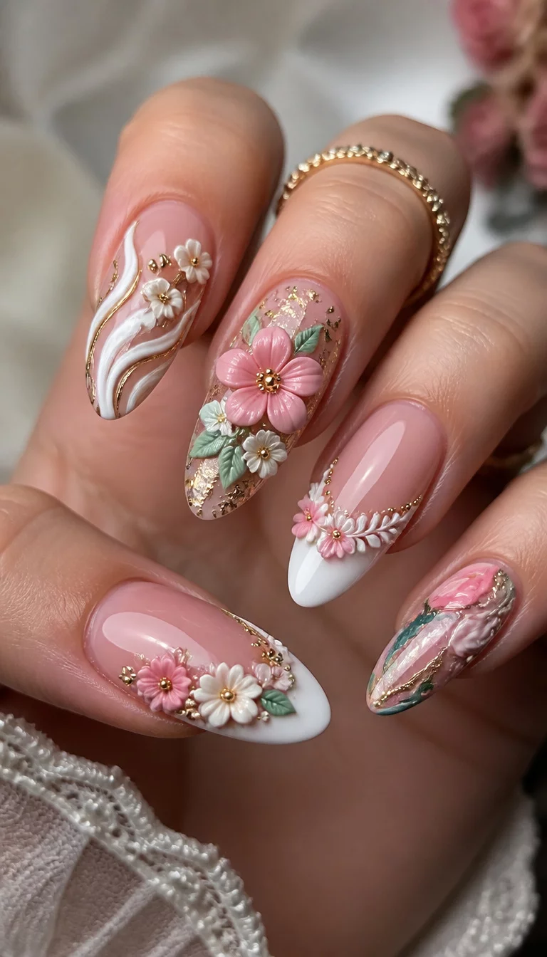 13. Elaborate 3D Floral Art close-up shot of a woman’s hand with five fingers showing elaborate 3D nail art with floral designs, abstract patterns, and French tips with floral embellishments.