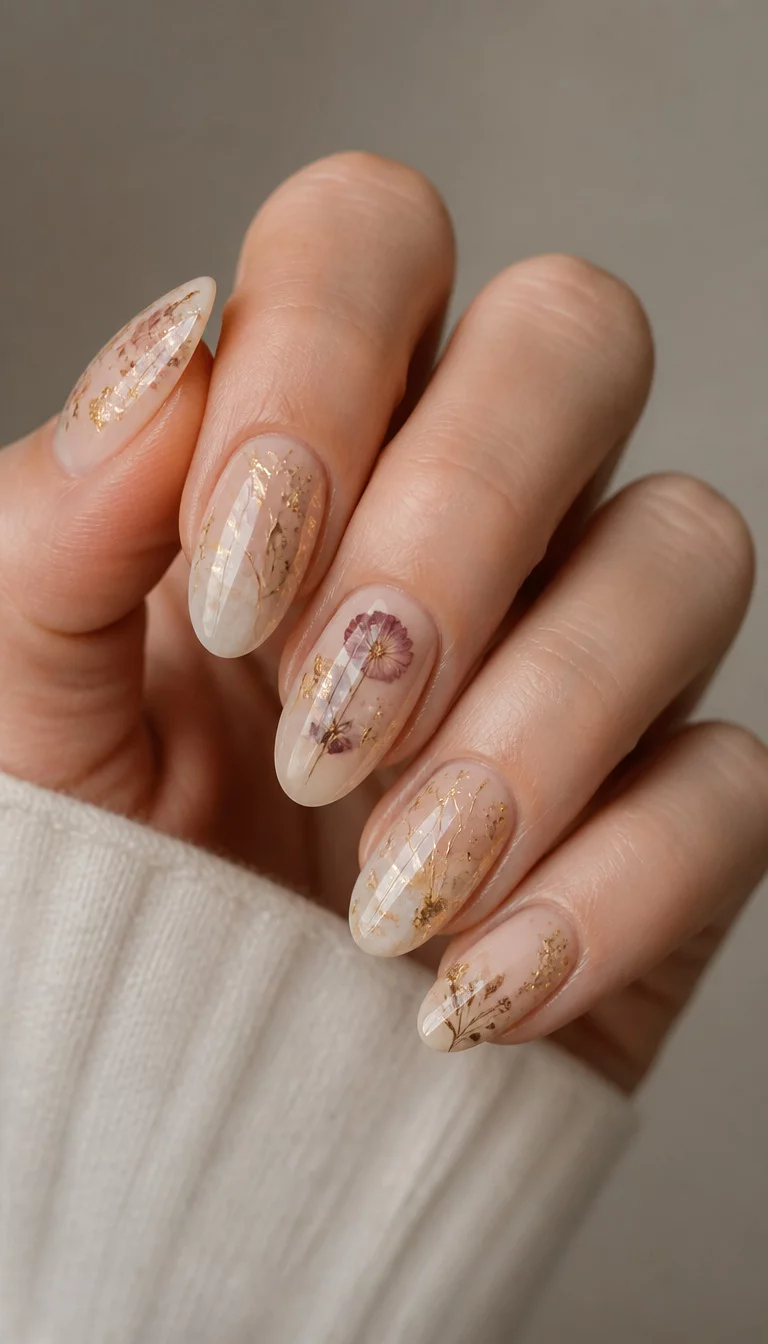 5. Scattered Gold Foil And Pressed Flowers close-up shot of a woman’s hand with five fingers showing oval nails with a neutral base adorned with scattered gold foil accents, abstract lines, and subtle pressed flowers, neutral background.