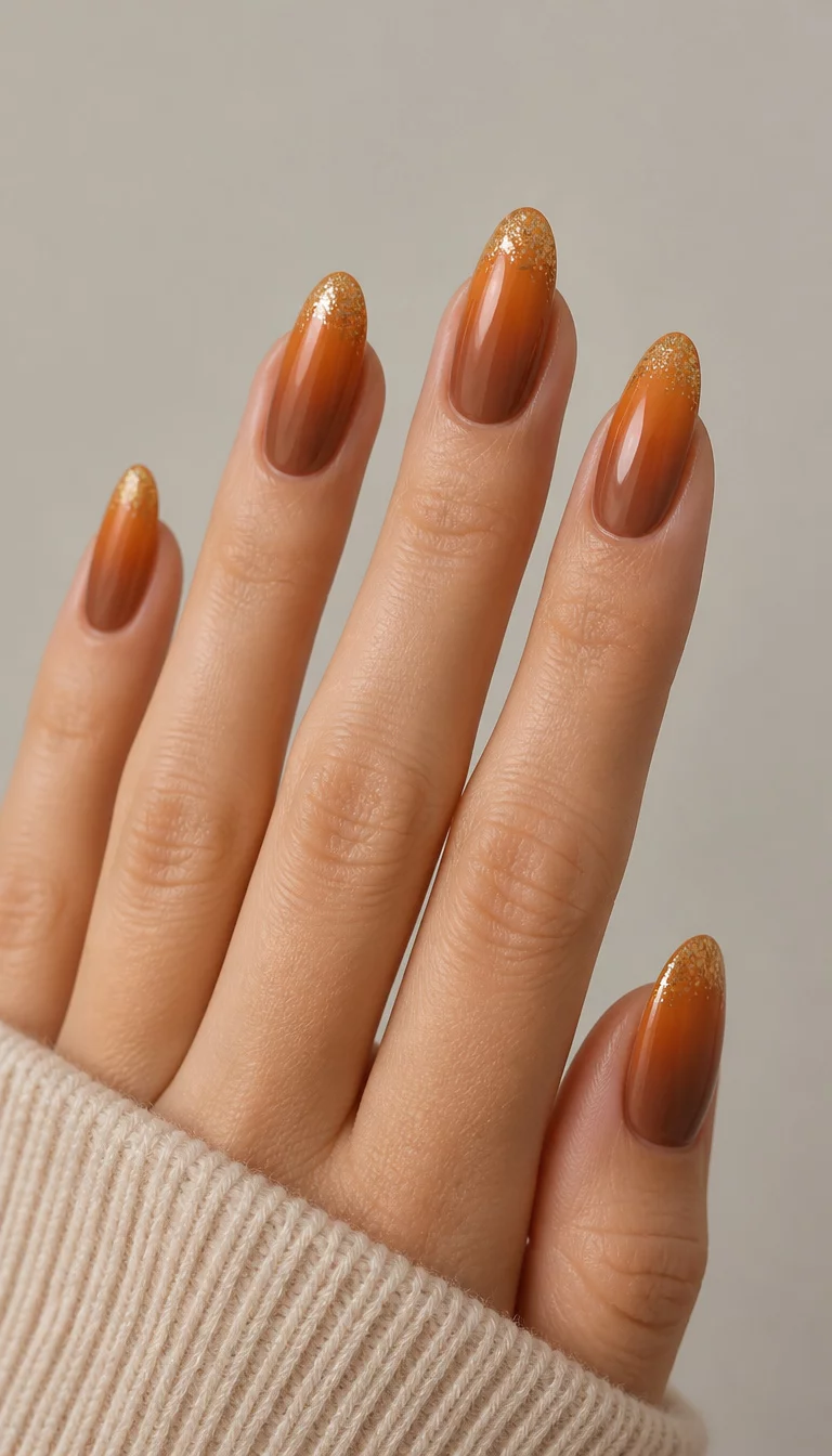 1. Warm Sunset Gradient With Gold Glitter close-up shot of a woman’s hand with five fingers showing almond-shaped nails with a warm brown to orange gradient and delicate gold glitter at the tips, neutral background.