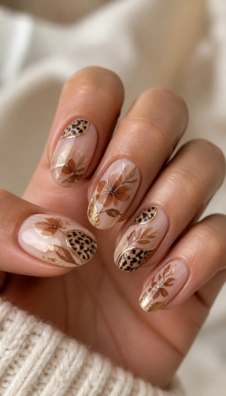 22. Abstract Leopard And Floral Fusion close-up shot of a woman’s hand with five fingers showing oval nails with a natural base featuring abstract brown floral designs, leopard print accents, and gold foil outlines.