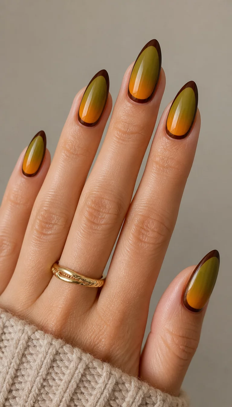 17. Olive To Orange Bordered Gradient close-up shot of a woman’s hand with five fingers showing almond-shaped nails featuring an olive green to orange gradient, outlined with a deep brown border, neutral background.