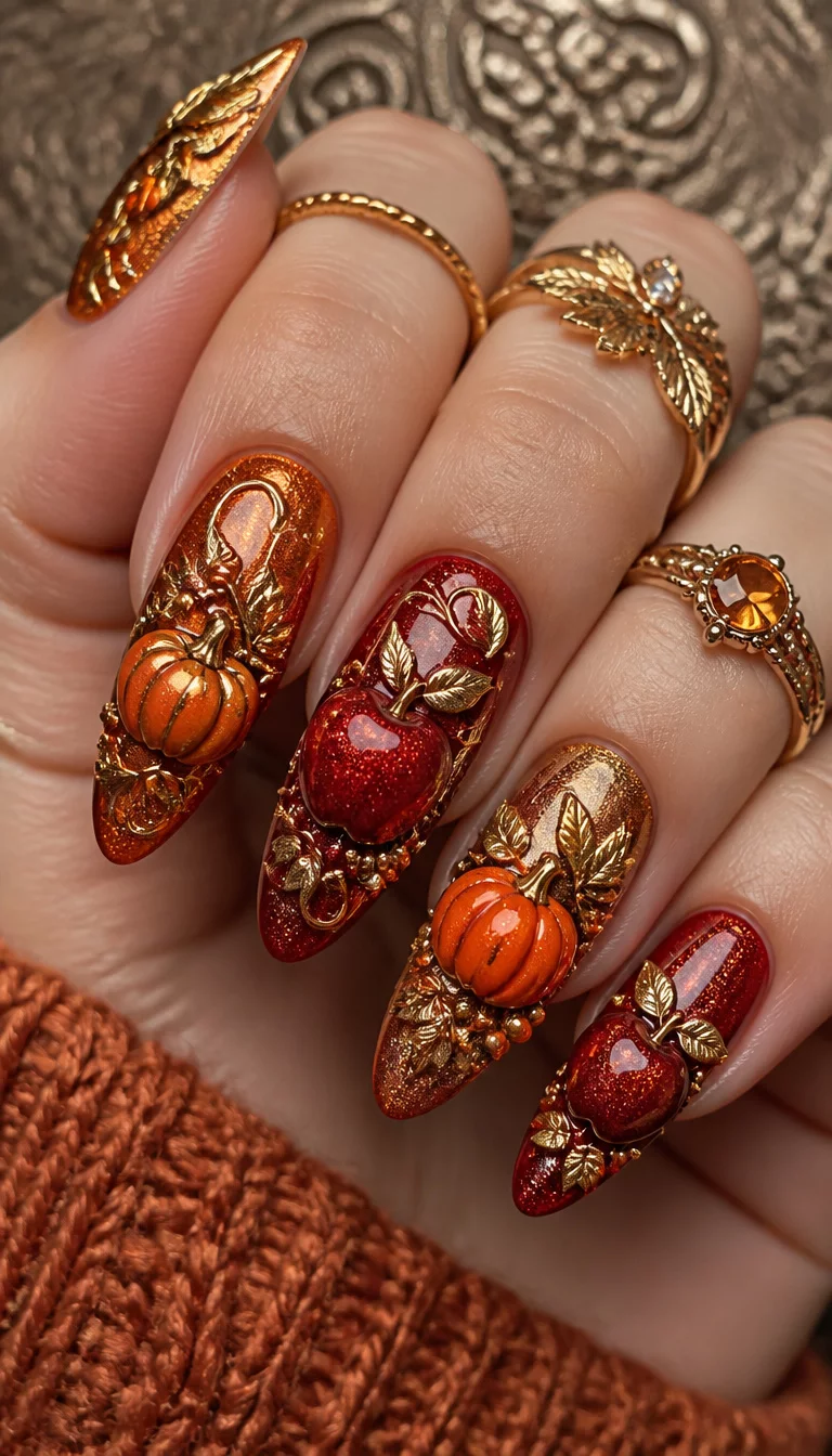 19. 3D Metallic Harvest Icons close-up shot of a woman’s hand with five fingers showing almond-shaped nails with elaborate 3D pumpkin and apple designs in metallic orange and red, gold accents, textured background.