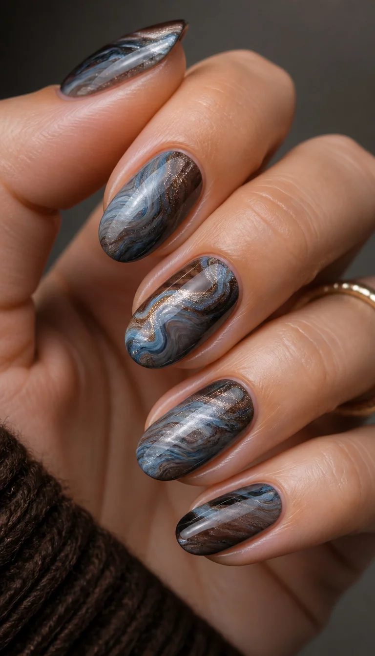 24. Marbled Swirl Of Earthy Tones close-up shot of a woman’s hand with five fingers showing oval nails showcasing a swirling, marbled effect in shades of brown, grey, and blue, with a metallic sheen.