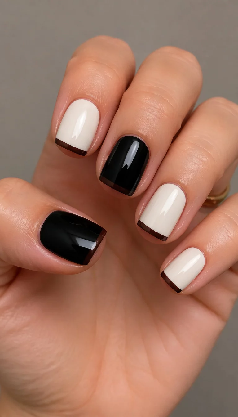 4. Monochrome Contrast With Dark Outlines close-up shot of a woman’s hand with five fingers showing short, square nails showcasing an alternating pattern of glossy black and creamy white polish, outlined with a thin dark brown French tip.