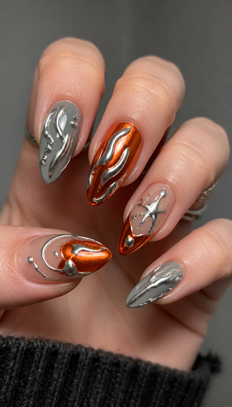 27. Abstract Chrome Over Autumn Tones close-up shot of a woman’s hand with five fingers showing oval and pointed nails with abstract, metallic silver accents and chrome elements layered over orange, grey, and natural bases.